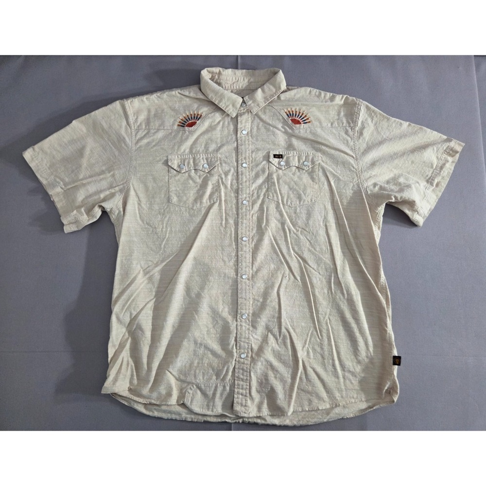 Howler Bros Shirt Mens 2 Extra Large Tan Deluxe Sunset Embroidered Pearl Snap
